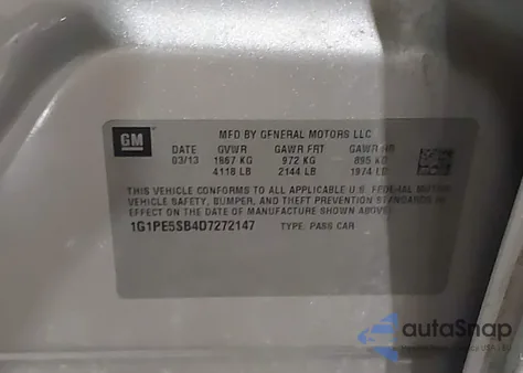 2013 Chevrolet Cruze 2Lt Auto z USA, uszkodzony, nr VIN 1G1PE5SB4D7272147